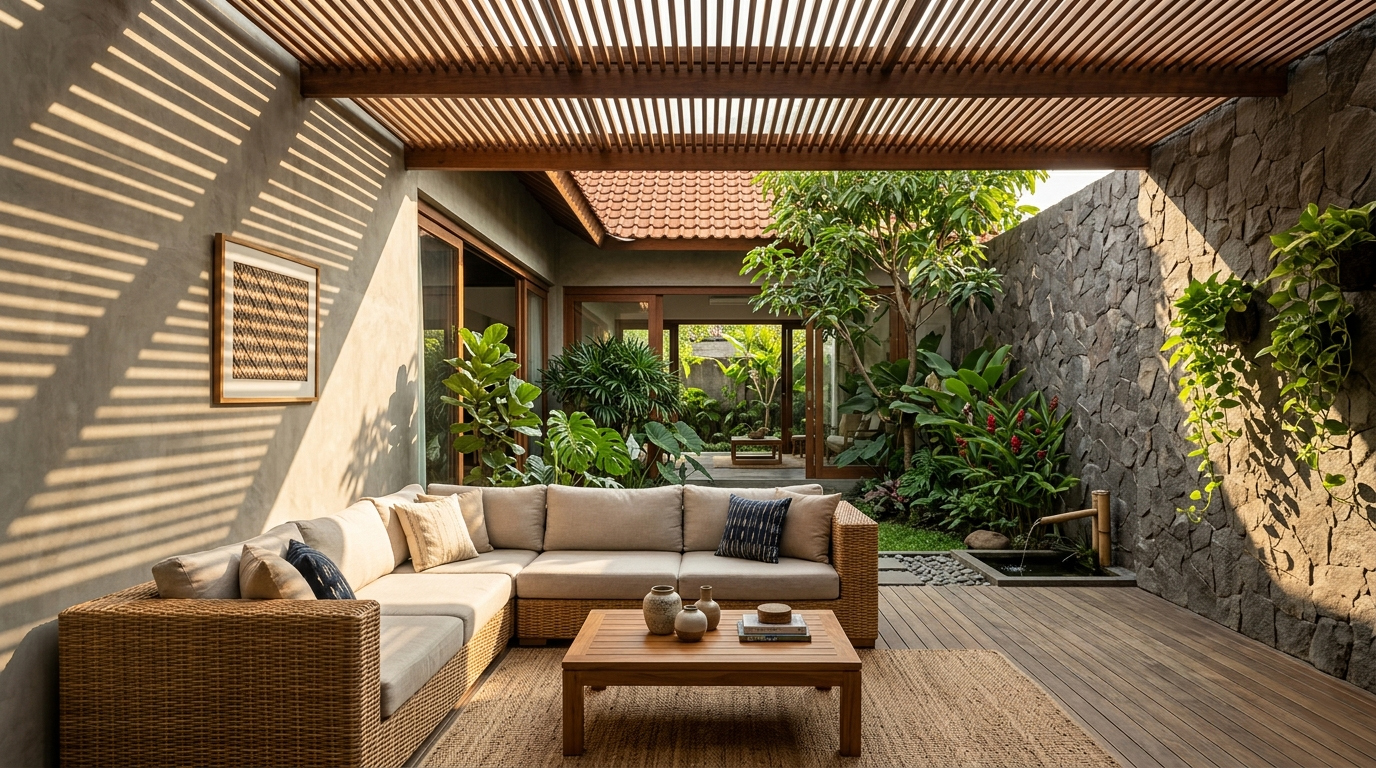 Permainan cahaya dan bayangan pada dinding interior rumah premium